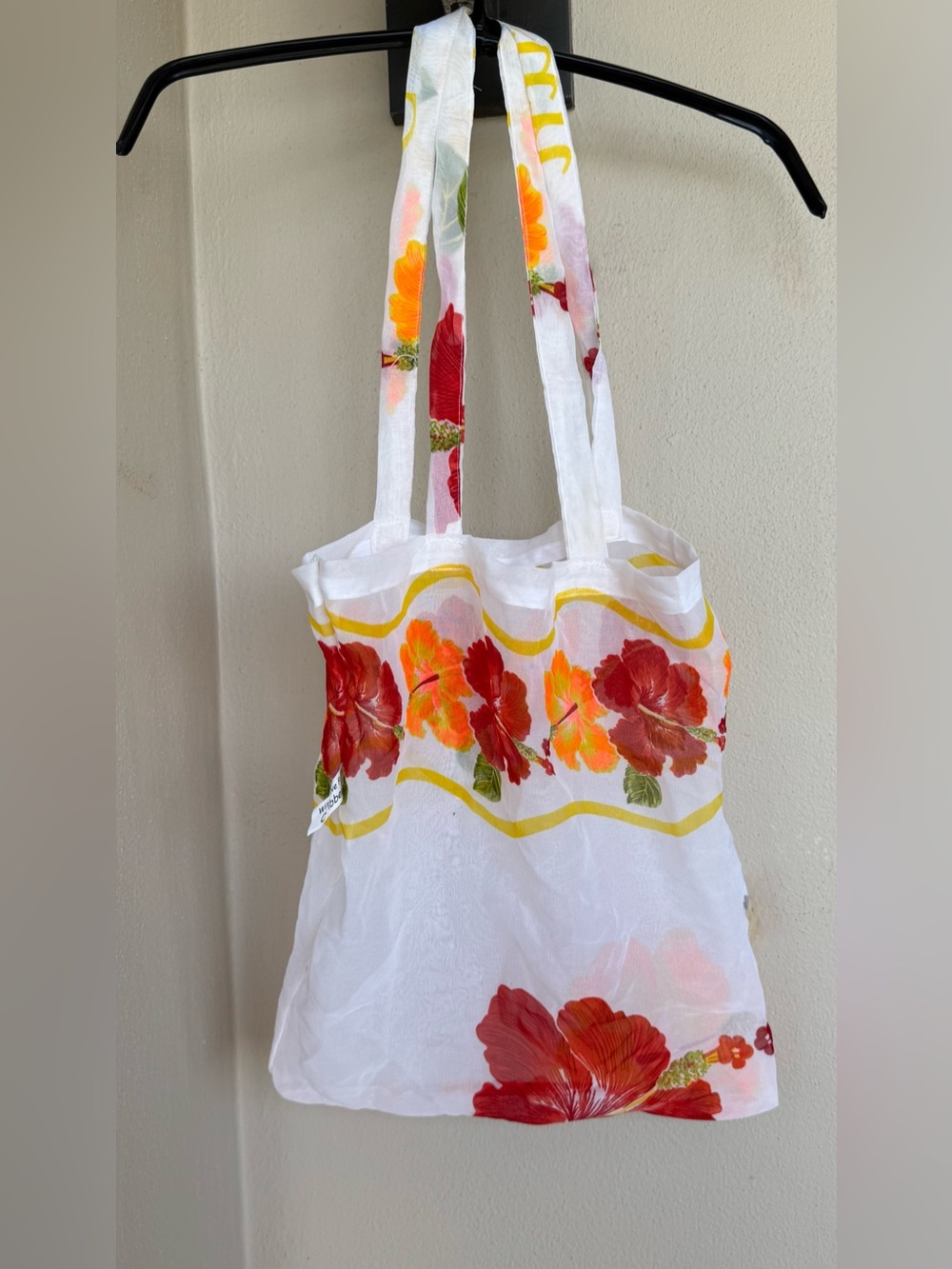 Rima Caribbean Floral Print Small Tote White/Orange/Red/Yellow/Green 14”L X 13”W